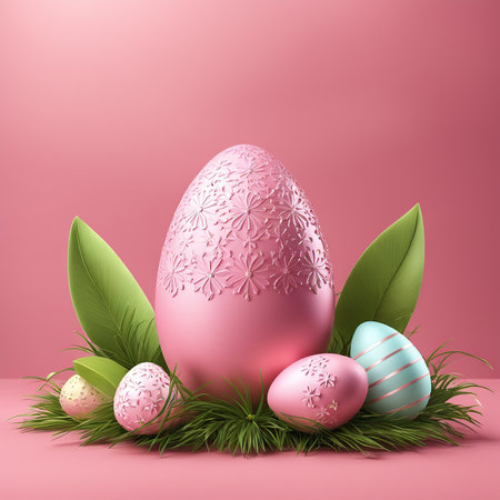 Easter egg with green leaves on pink background. 3D illustration. One large and 4 small pink eggs.の素材