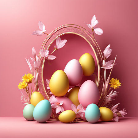 Easter background with colorful eggs and flowers. 3d render.の素材