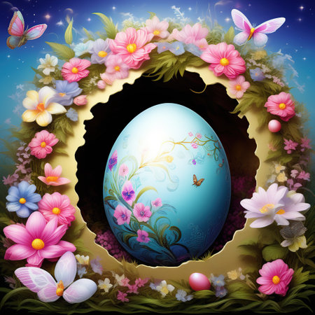 Blue surreal egg with a pattern and frame with flowers and grass. Happy Easter.の素材