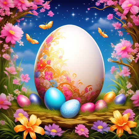 Abstract, Easter painted egg against a background of a landscape with a sky with flowers and other Easter eggs. Happy Easter.の素材