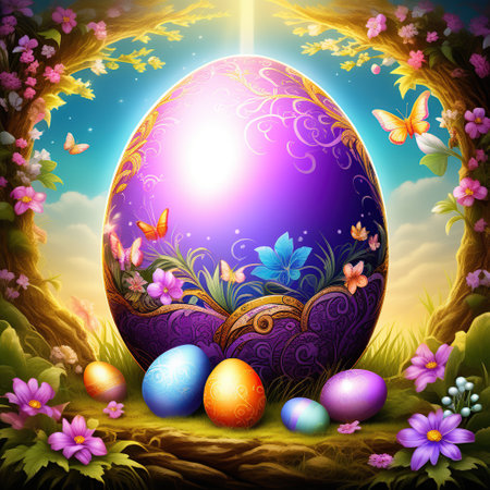 Purple, fantastic, Easter, lilac egg with a beautiful design, pattern, against the background of landscape, flowers, grass and other Easter eggs. Happy easter.の素材