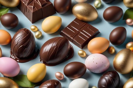 Pieces of chocolate,chocolate and other colorful Easter eggs on a blue background.Happy Easter.の素材