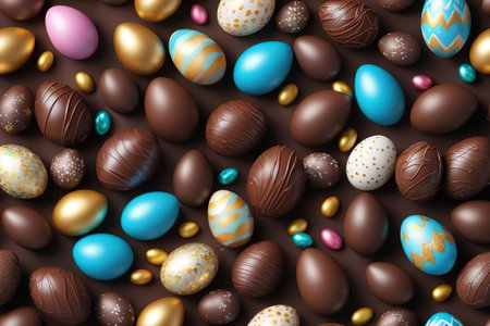 Abstract background of chocolate and other multi-colored, decorated Easter eggs. View from above. Happy easter.の素材