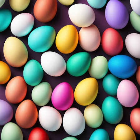 Easter eggs of different colors, for holiday content, event invitations, spring season promotional materials. View from above. Background. Copy spaceの素材