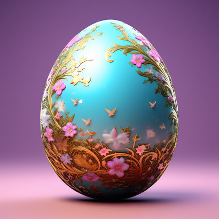 Beautiful, decorative, blue patterned Easter egg on a plain pink background.の素材
