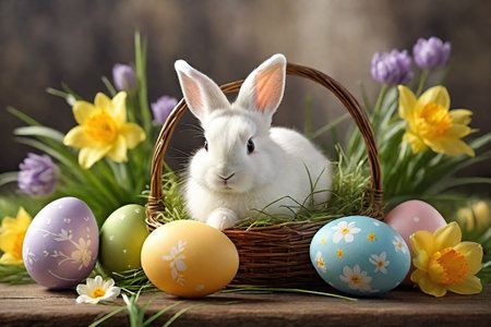 A white Easter bunny sits in a basket with green grass, multi-colored, decorated eggs, flowers lying on a wooden background made of boards.の素材