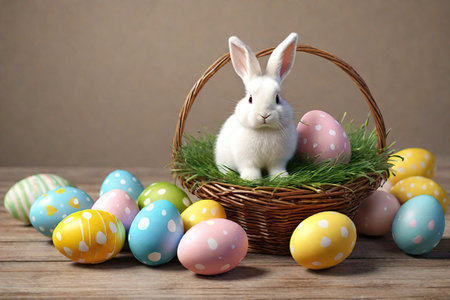 A white Easter bunny sits in a basket on green grass with a pink Easter egg against a background of multi-colored, decorated eggs lying on a wooden background made of boards.の素材
