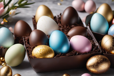 Easter Holiday indulgence. Composition of Easter colorful and chocolate eggs. Easter concept.の素材