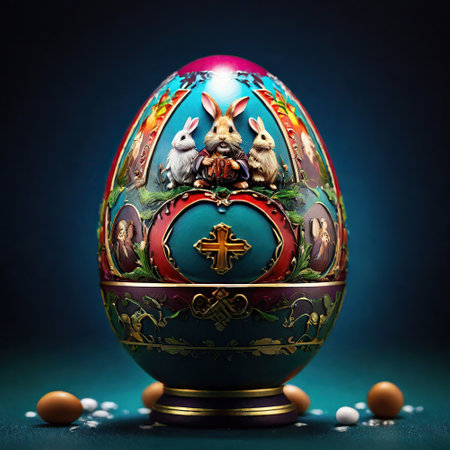 Easter egg with bunny and cross on dark blue background. Holiday conceptの素材