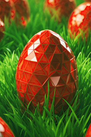 Close-up vertical photo of a polygonal, red, Easter egg against a background of grass. Happy easter.の素材