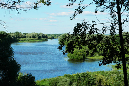 Landscape with river and trees on a background of blue sky.の写真素材
