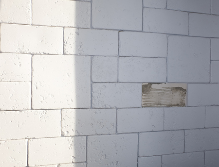 Abstract weathered texture stained old stucco light gray and aged paint white brick wall background in rural room, grungy rusty blocks of stonework technology color horizontal architecture wallpaperの写真素材