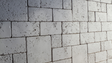 Abstract weathered texture stained old stucco light gray and aged paint white brick wall background in rural room, grungy rusty blocks of stonework technology color horizontal architecture wallpaperの写真素材