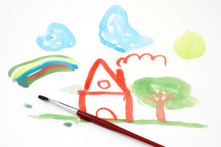 it is a drawing of a home seen by a boyの写真素材