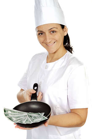happy attractive cook woman a over white backgroundの写真素材