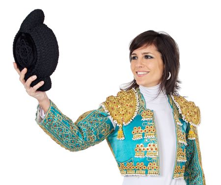 attractive woman dressed toreador a over white backgroundの写真素材
