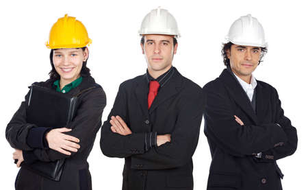Team of engineers a over white background