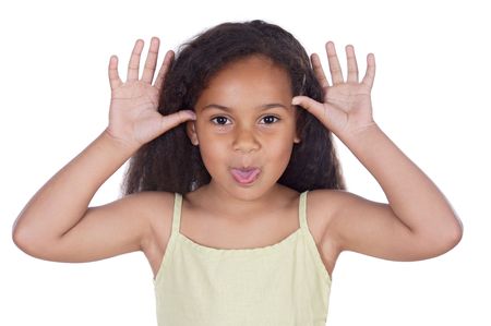 Cute black girl mocking isolated in whiteの写真素材