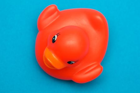 Red plastic duck a over blue backgroundの写真素材