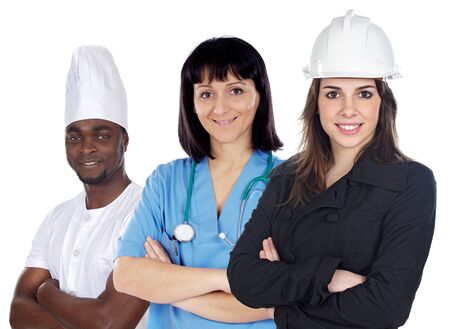 multiracial group of workers on a white backgroundの写真素材