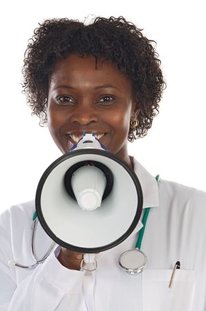 Woman doctor with megaphone a over white backgroundの写真素材