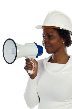 Architect woman with an megaphone on a over white backgroundの写真素材