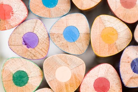 Many pencils of different colors on a over white background-Shallow DOF-の写真素材