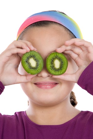 Cute girl playing with kiwi a over white backgroundの写真素材