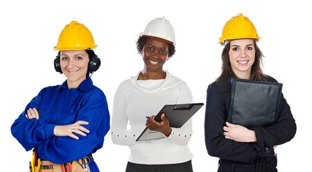 Team of construction workers isolated on whiteの写真素材