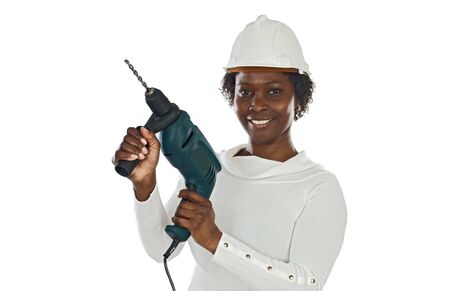 African american woman with helmet and tools a over white backgroundの写真素材