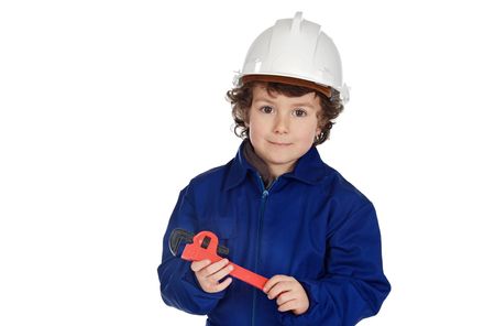 Adorable boy dressed of repairman on a over white backgroundの写真素材