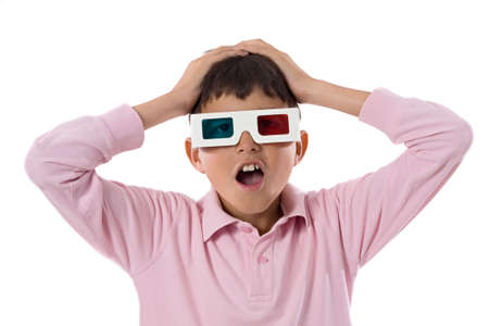 child whit 3d glasses a over white backgroundの写真素材