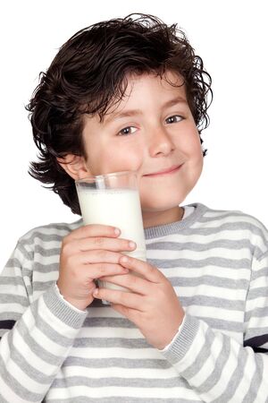 Beautiful child with glass of milk isolated on white backgroundの写真素材