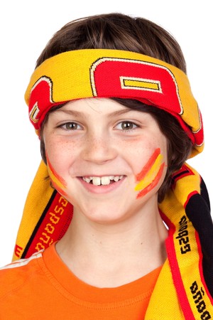 Child fan of the Spanish team with a scarf on the forehead isolated on white backgroundの写真素材