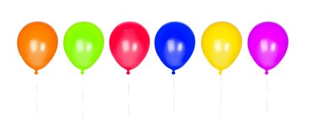 Six colorful balloons inflated isolated on white backgroundの写真素材
