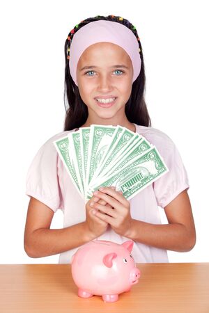 Little girl with with with dollar bills isolated on white backgroundの写真素材