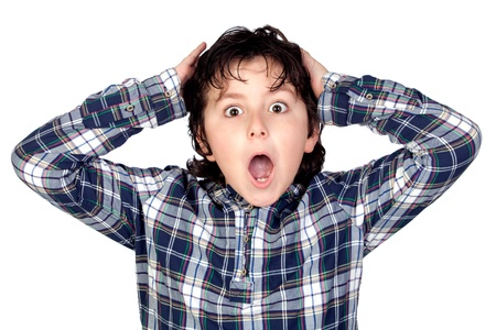 Amazed child with plaid t-shirt isolated on white backgroundの写真素材