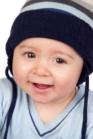 Beautiful baby with wool cap isolated on white background