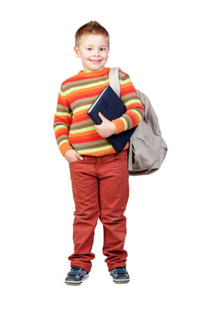 Student child with books isolated on white backgroundの写真素材