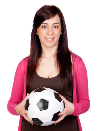 Beautiful brunette girl with soccer ball isolated on a over white backgroundの写真素材
