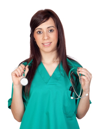 Attractive brunette doctor isolated on a over white backgroundの写真素材