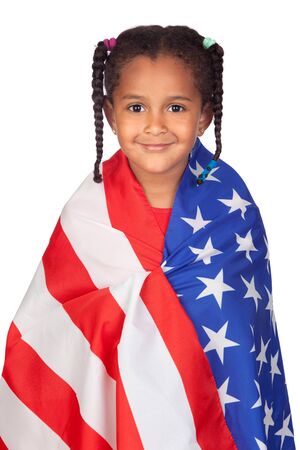 African little girl with a American flag isolated on a over whiteの写真素材