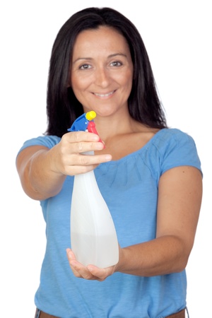 Adorable housewife with diffuser making cleaning (with focus on the boat) isolated on white backgroundの写真素材