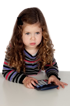 Adorable baby with a calculator isolated over white backgroundの写真素材