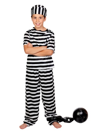 Adorable child with prisoner ball isolated on white backgroundの写真素材