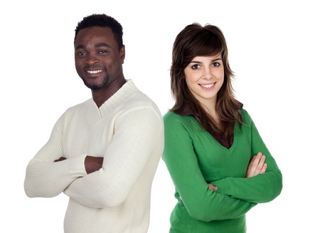 Brunette woman and attractive african men isolated on a over white backgroundの写真素材