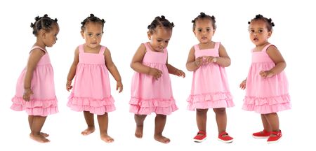 Five adorable babies pink dressed isolated on a over white backgroundの写真素材