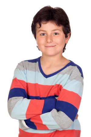 Adorable boy with a striped jersey isolated on a over white backgroundの写真素材