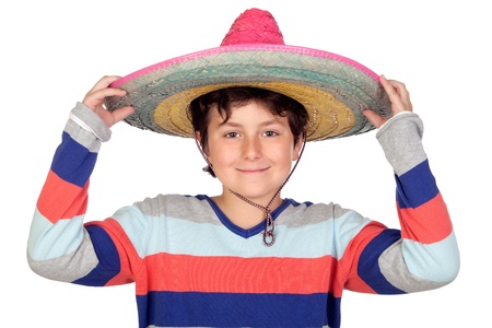 Adorable boy with a Mexican hat isolated on a over white backgroundの写真素材