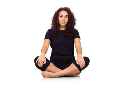 Brunette Woman Doing Yoga Exercises Isolated on Whiteの写真素材